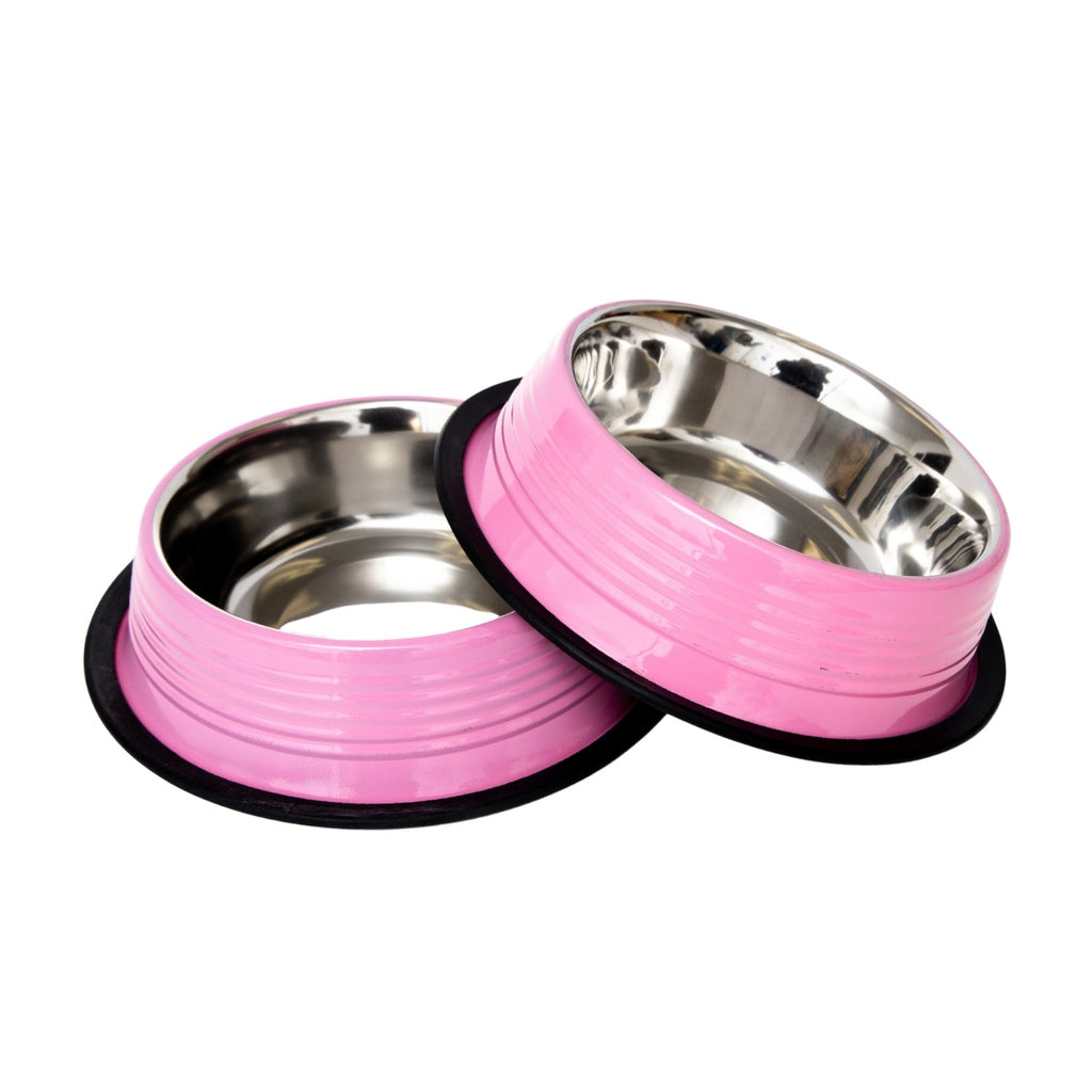 Ribbed Non-Slip Pet Bowls – Carnation Pink (Set of 2)