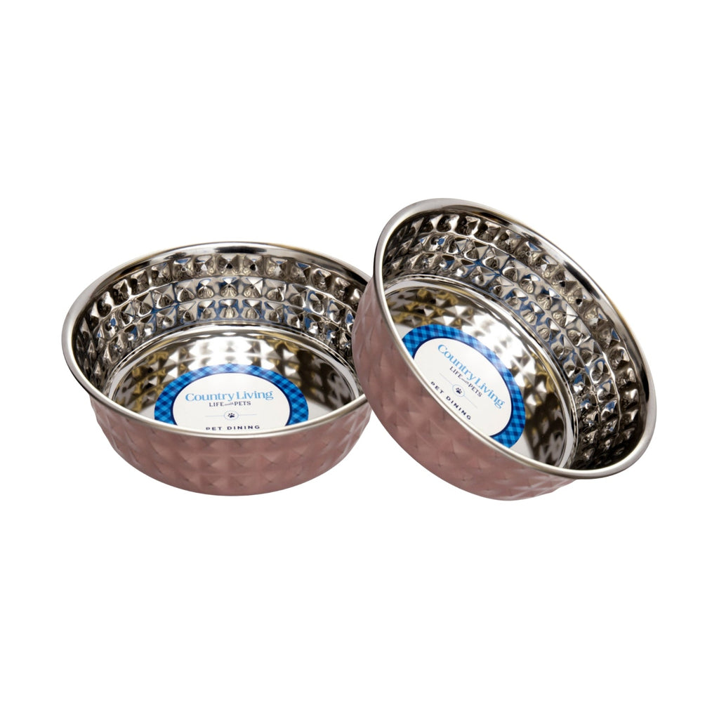 Hammered Stainless Steel Pet Bowls – Rose Quartz 64oz (Set of 2)
