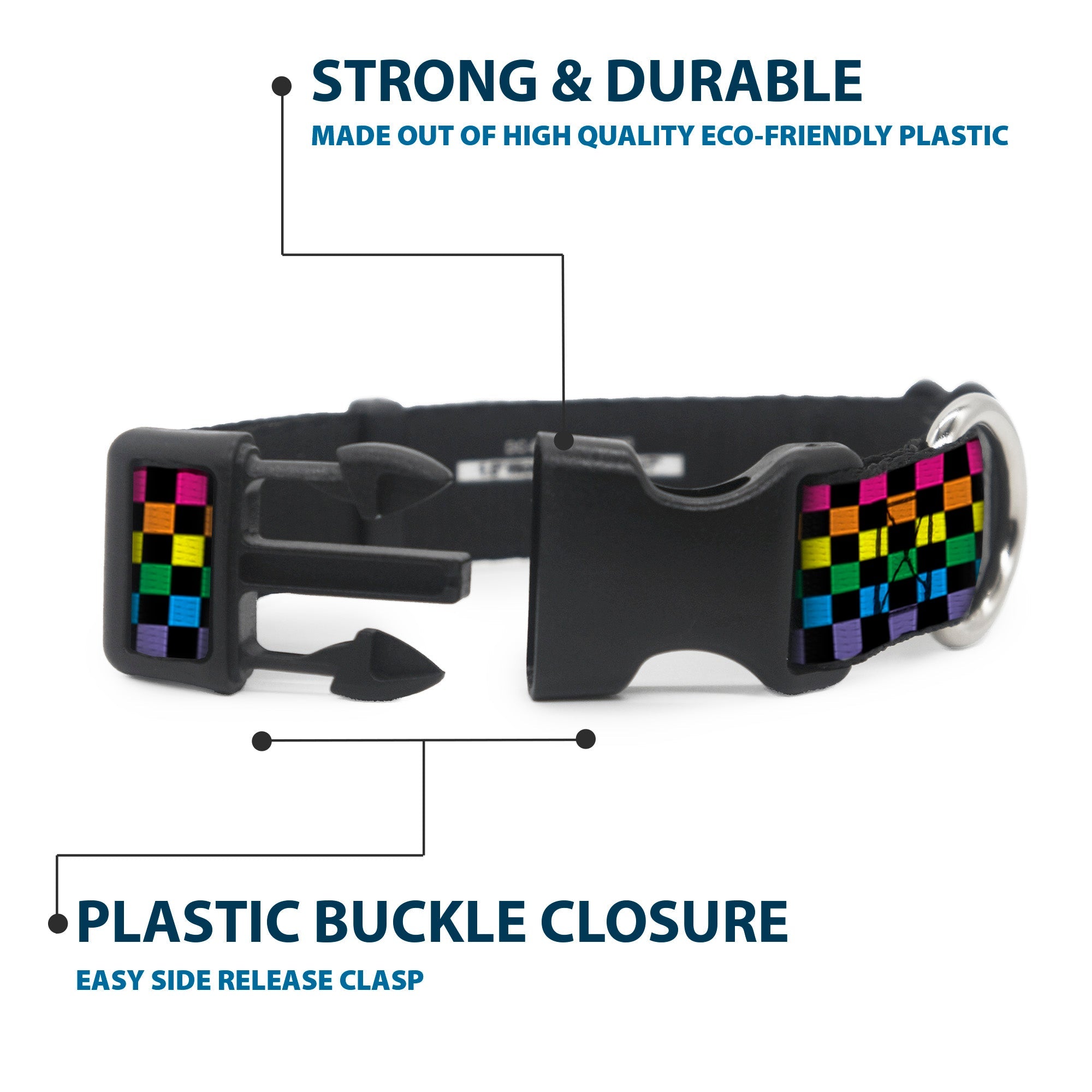 Plastic Clip Collar – Checker Black and Neon Rainbow