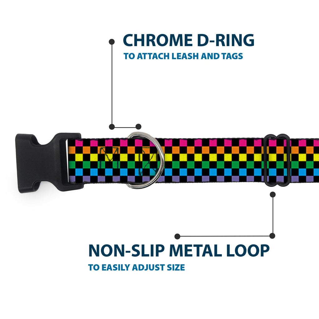 Plastic Clip Collar – Checker Black and Neon Rainbow