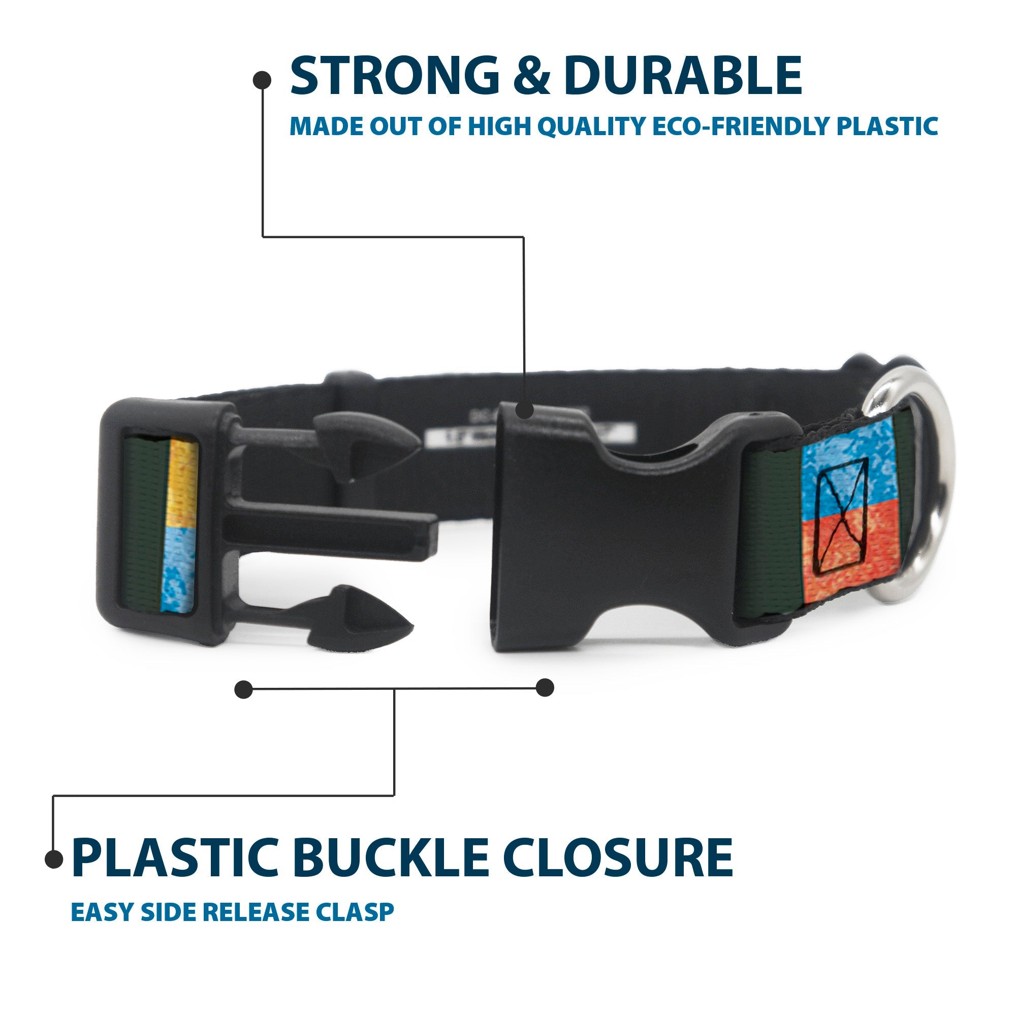 Plastic Clip Collar – Geometric Charcoal Orange Gold and Blue