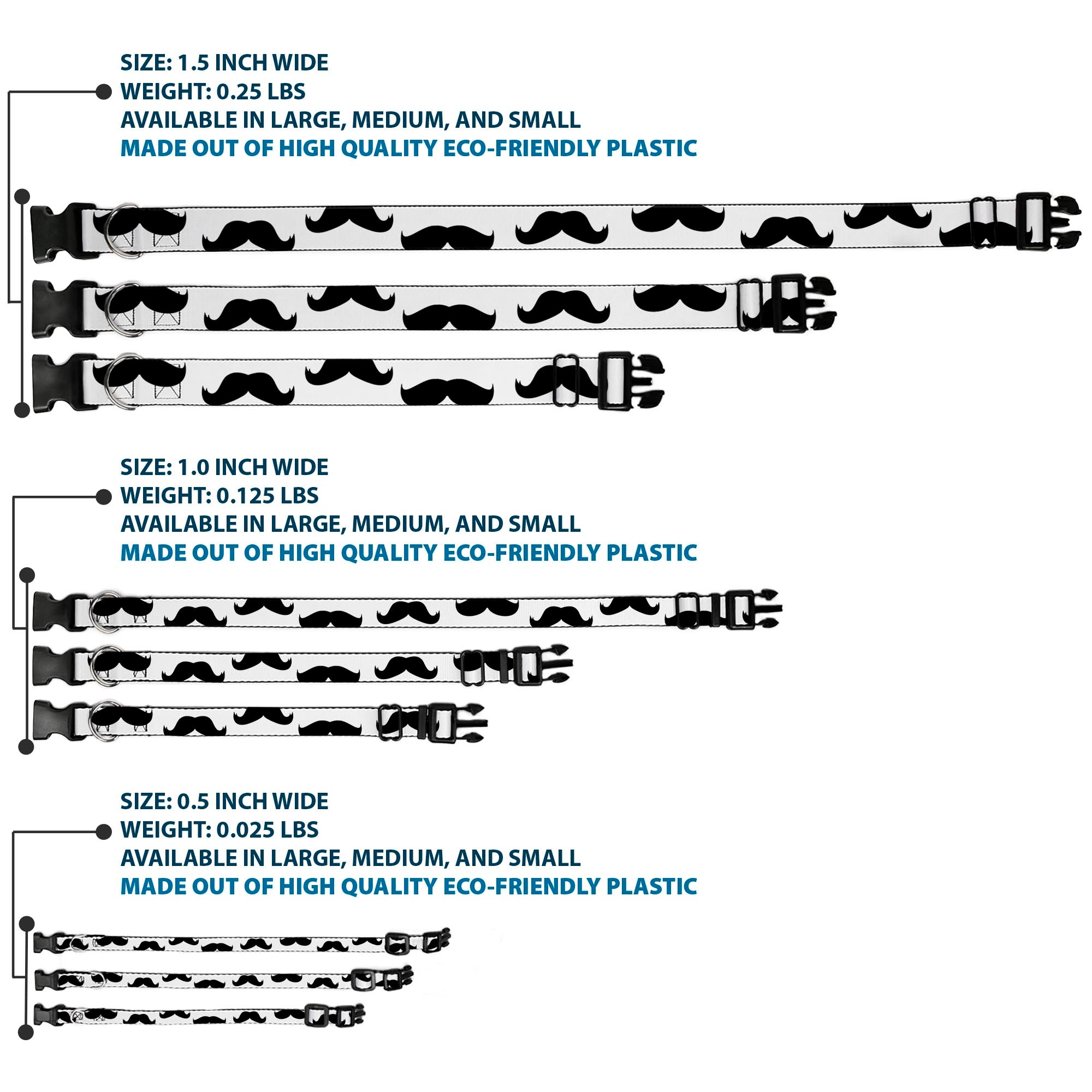 Plastic Clip Collar – Mustaches White and Black