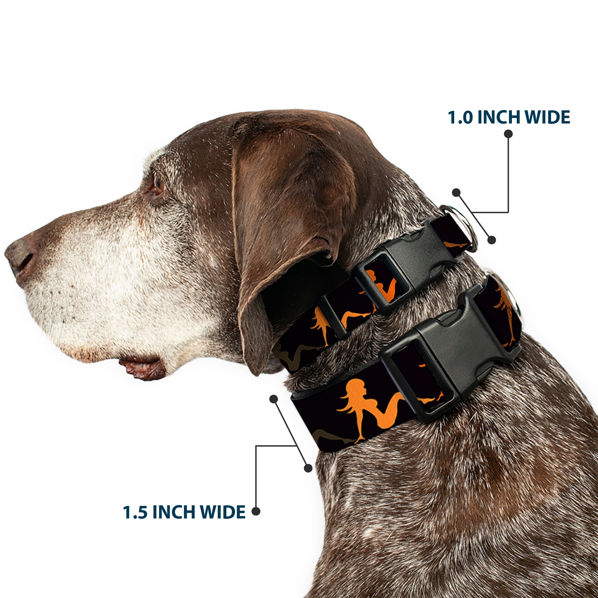 Plastic Clip Collar – Mud Flap Girl Repeat Black and Orange Fade