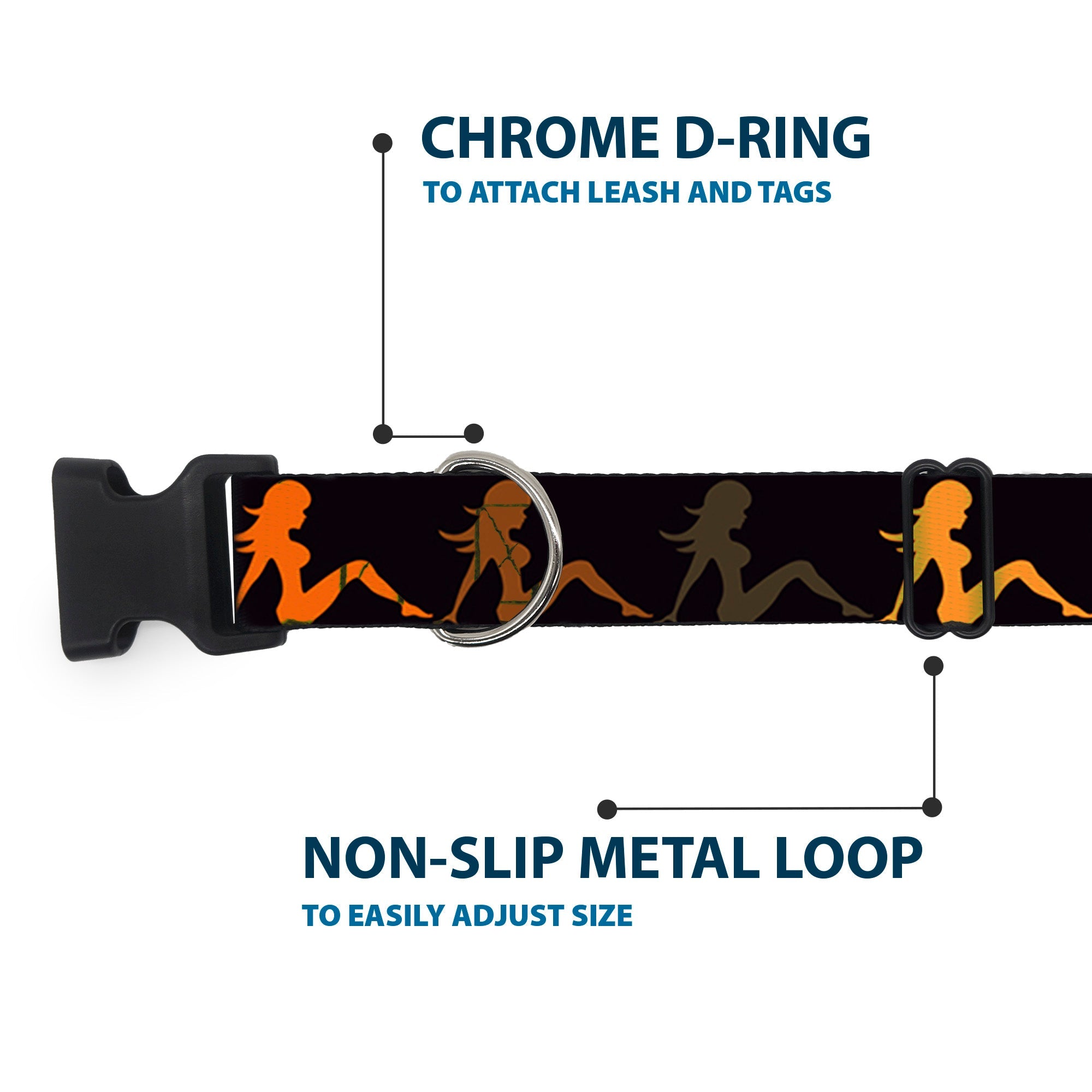 Plastic Clip Collar – Mud Flap Girl Repeat Black and Orange Fade