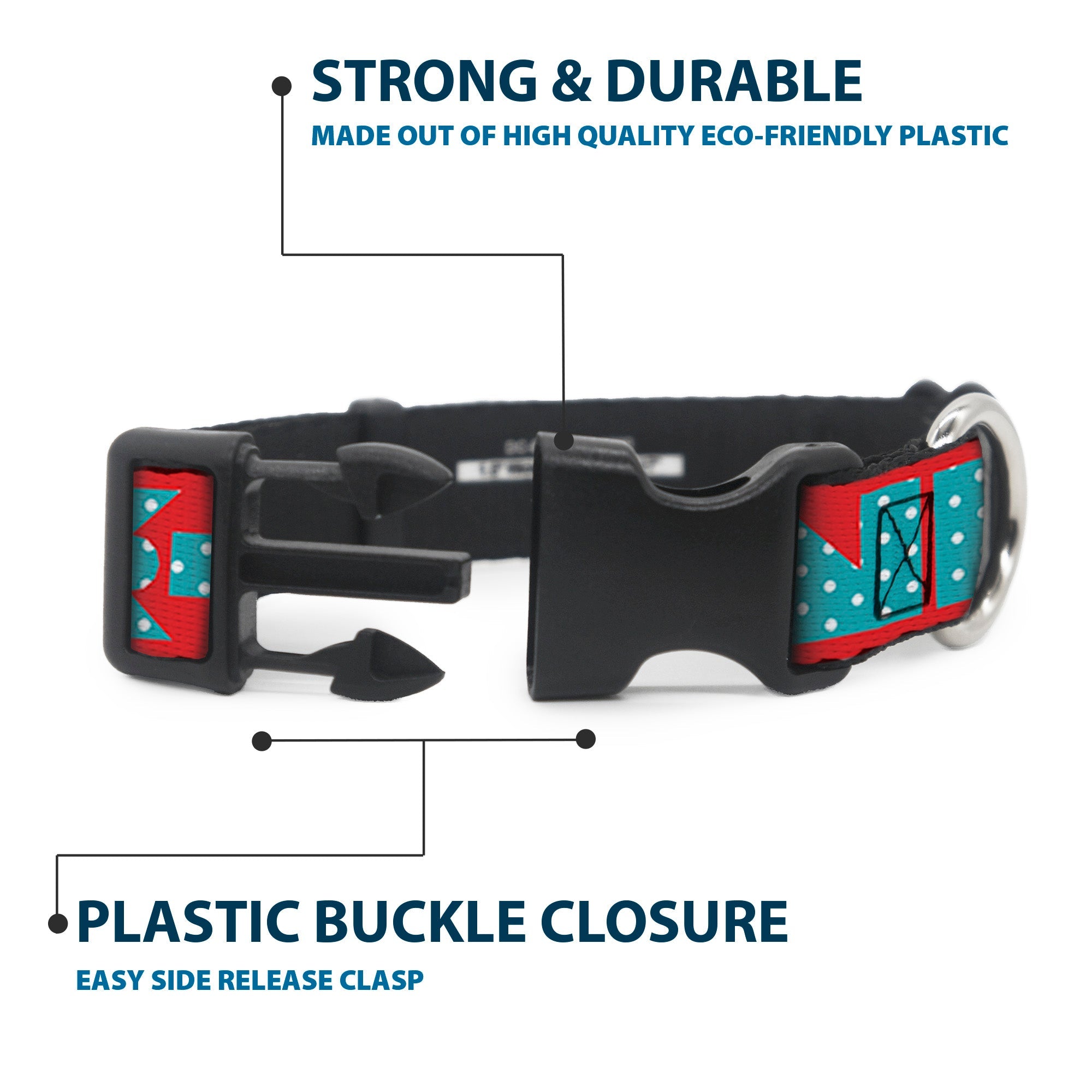 Plastic Clip Collar – Buckle-Down Shapes Red Dot Turquoise and White