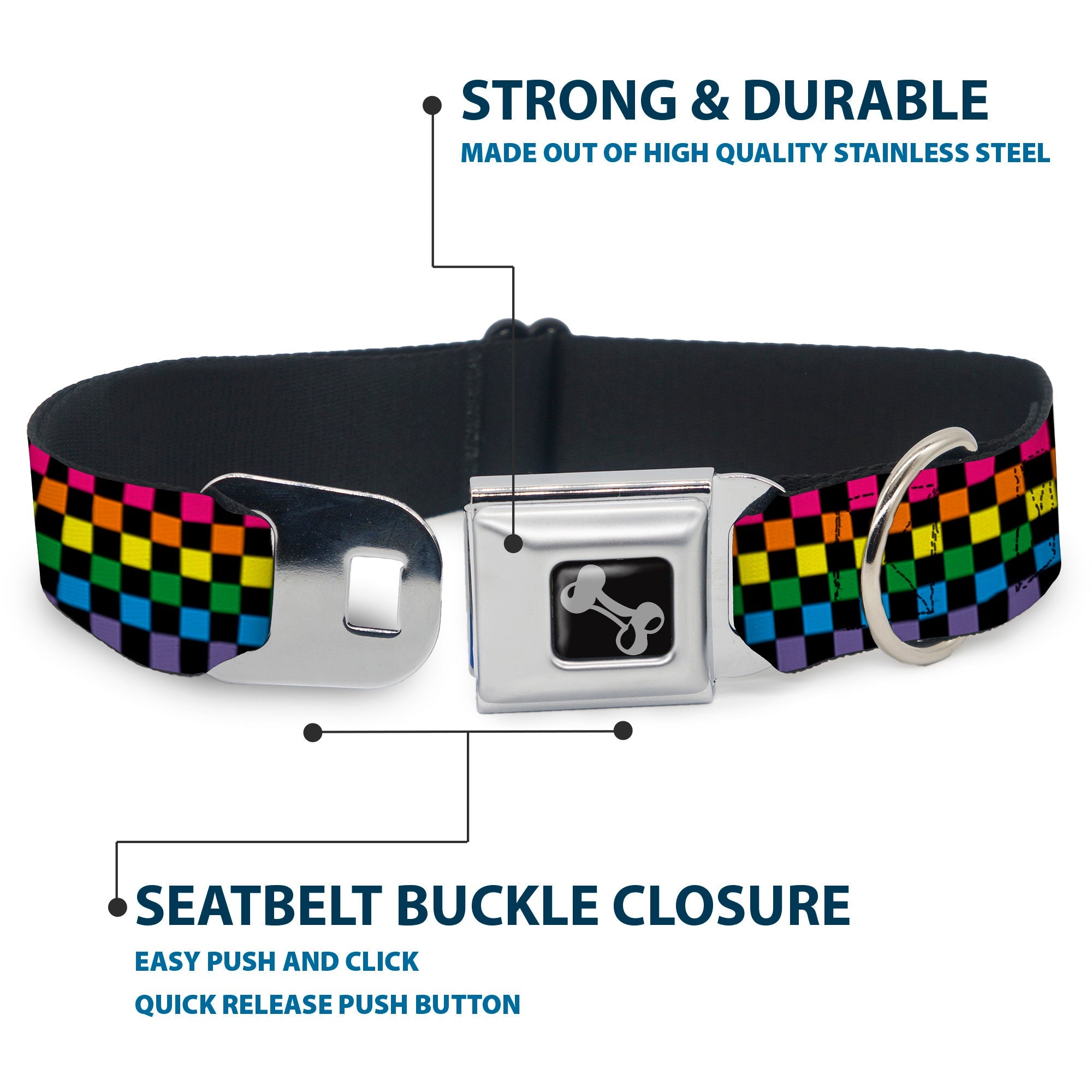Seatbelt Dog Collar – Checker Black and Neon Rainbow