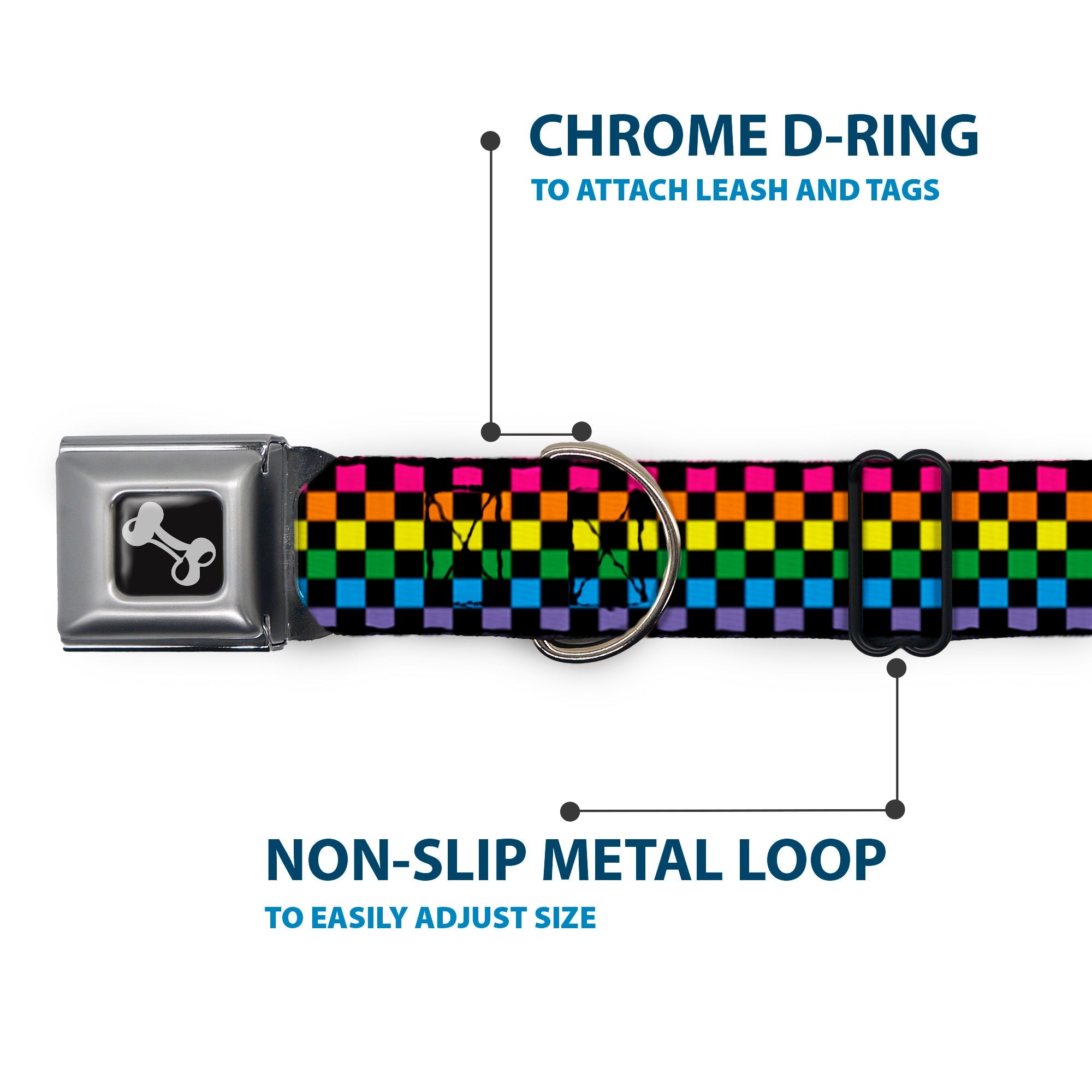 Seatbelt Dog Collar – Checker Black and Neon Rainbow