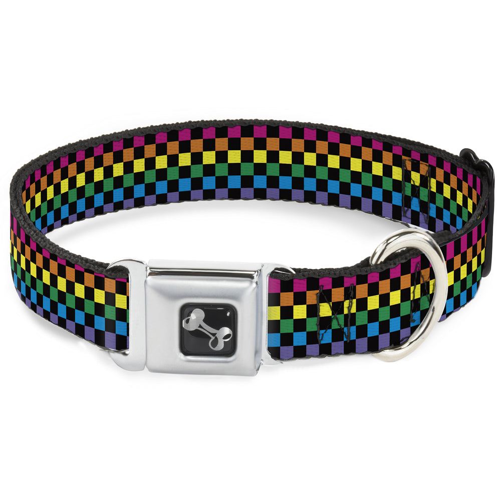 Seatbelt Dog Collar – Checker Black and Neon Rainbow