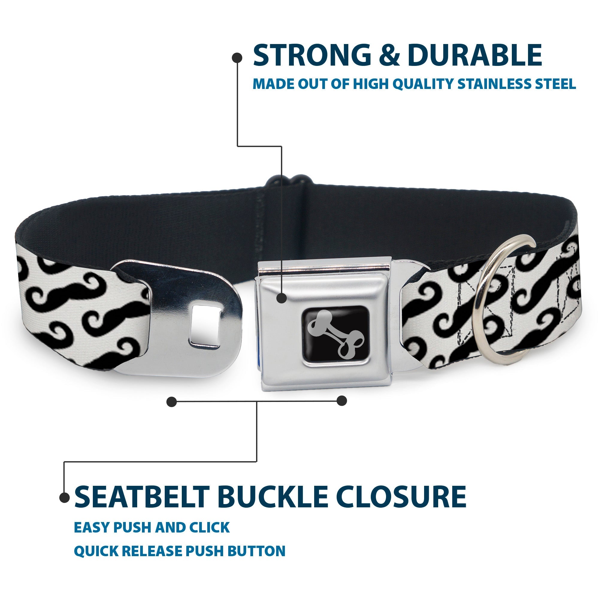 Seatbelt Dog Collar – Diagonal Mustaches White and Black