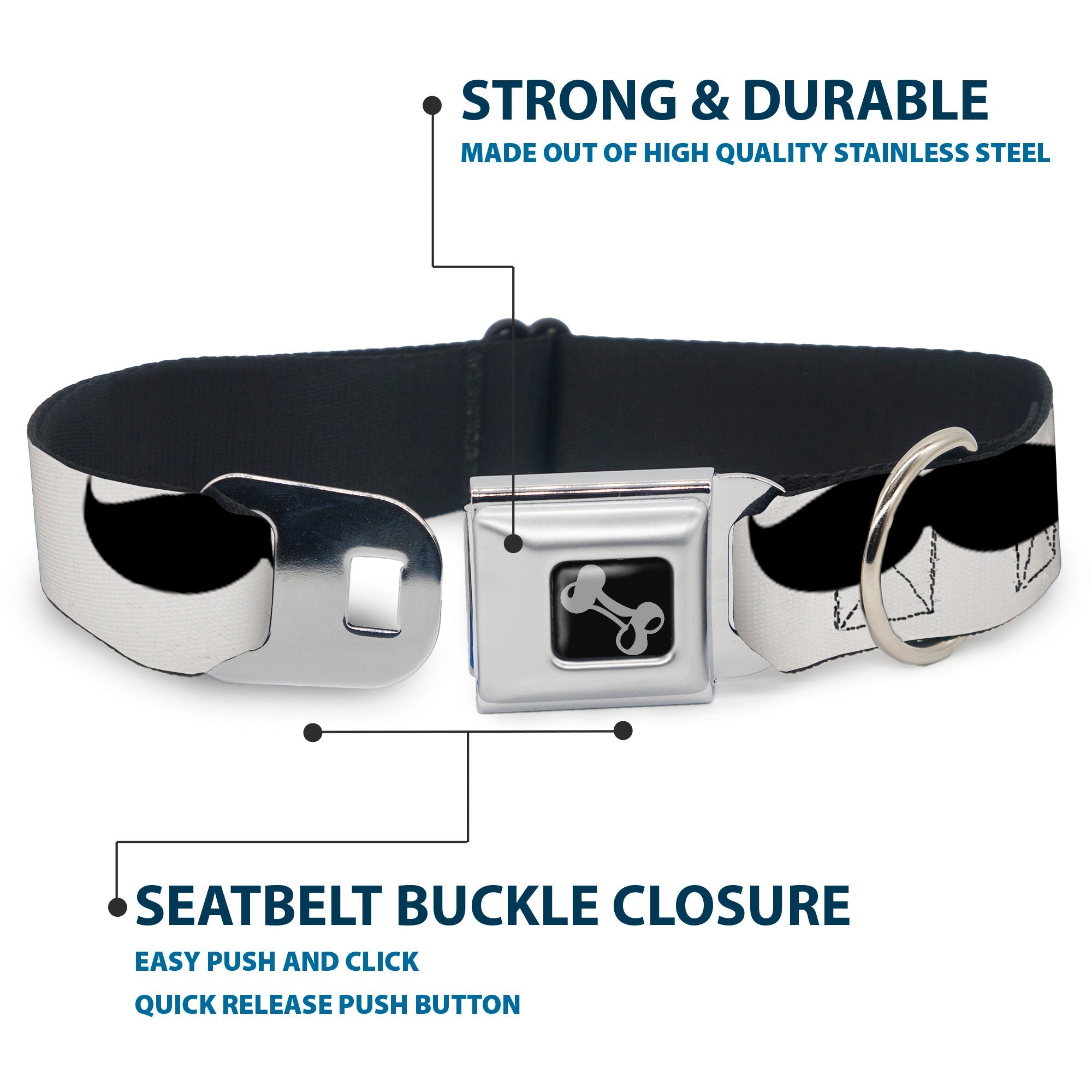 Seatbelt Dog Collar – Mustaches White and Black
