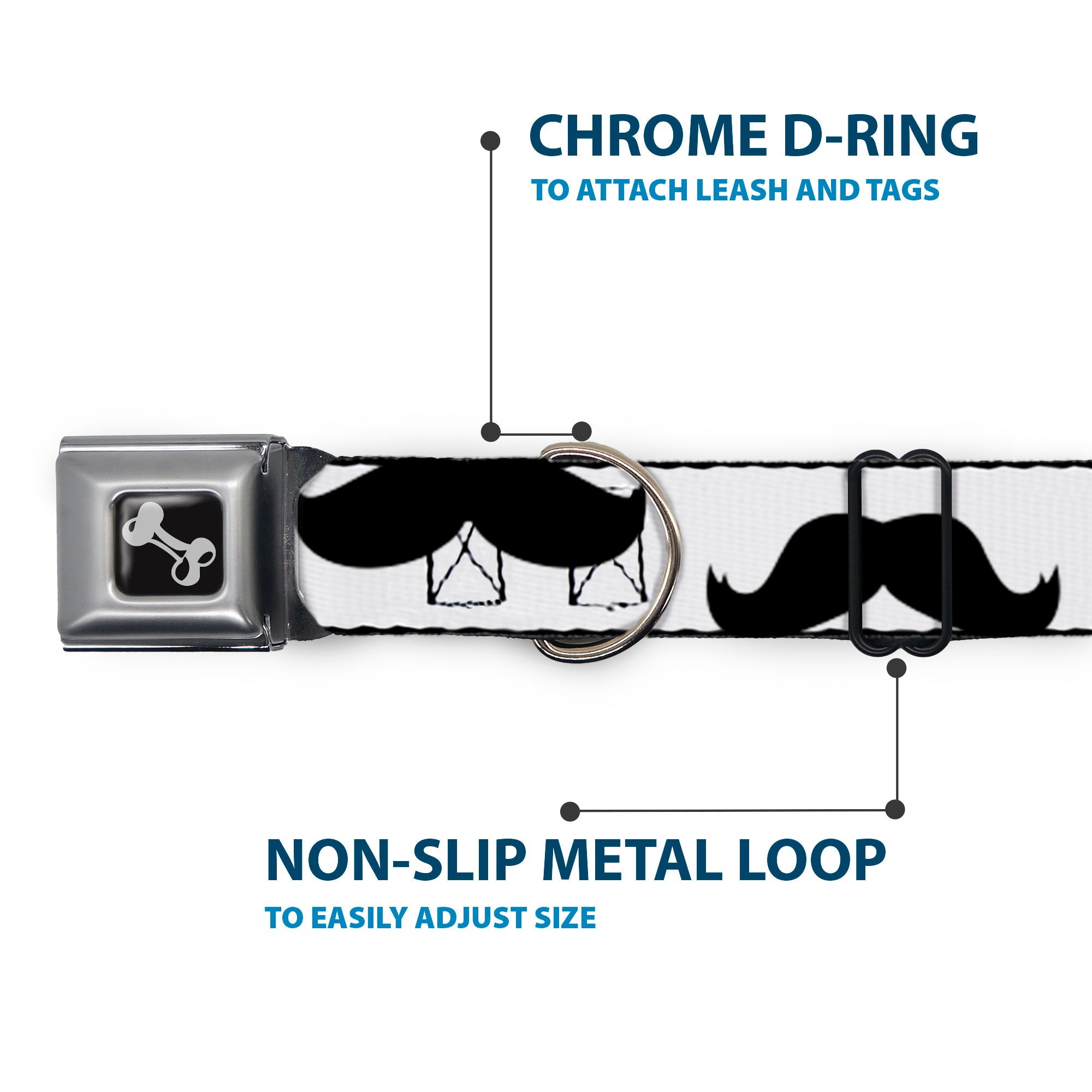 Seatbelt Dog Collar – Mustaches White and Black