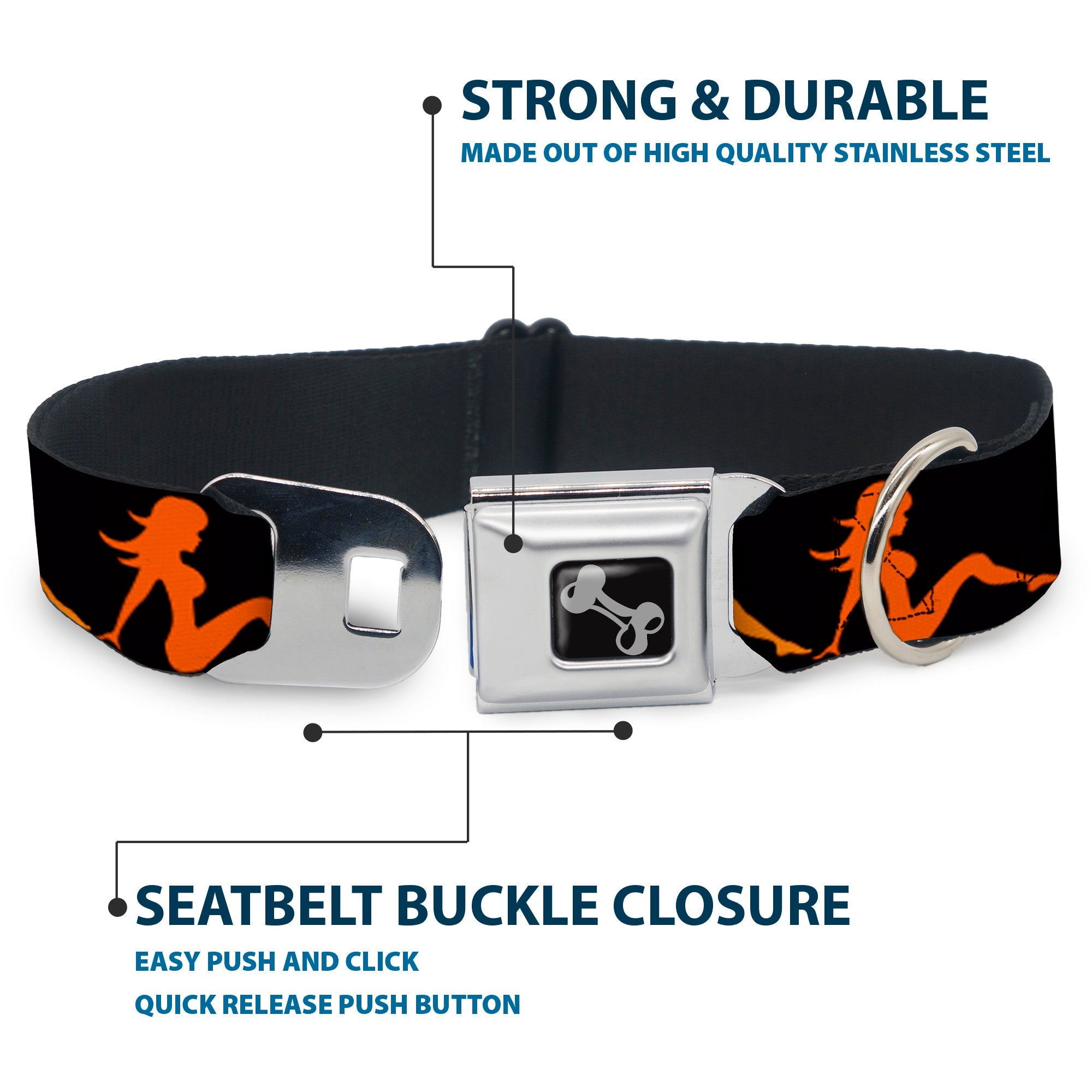 Seatbelt Dog Collar – Mud Flap Girl Black and Orange