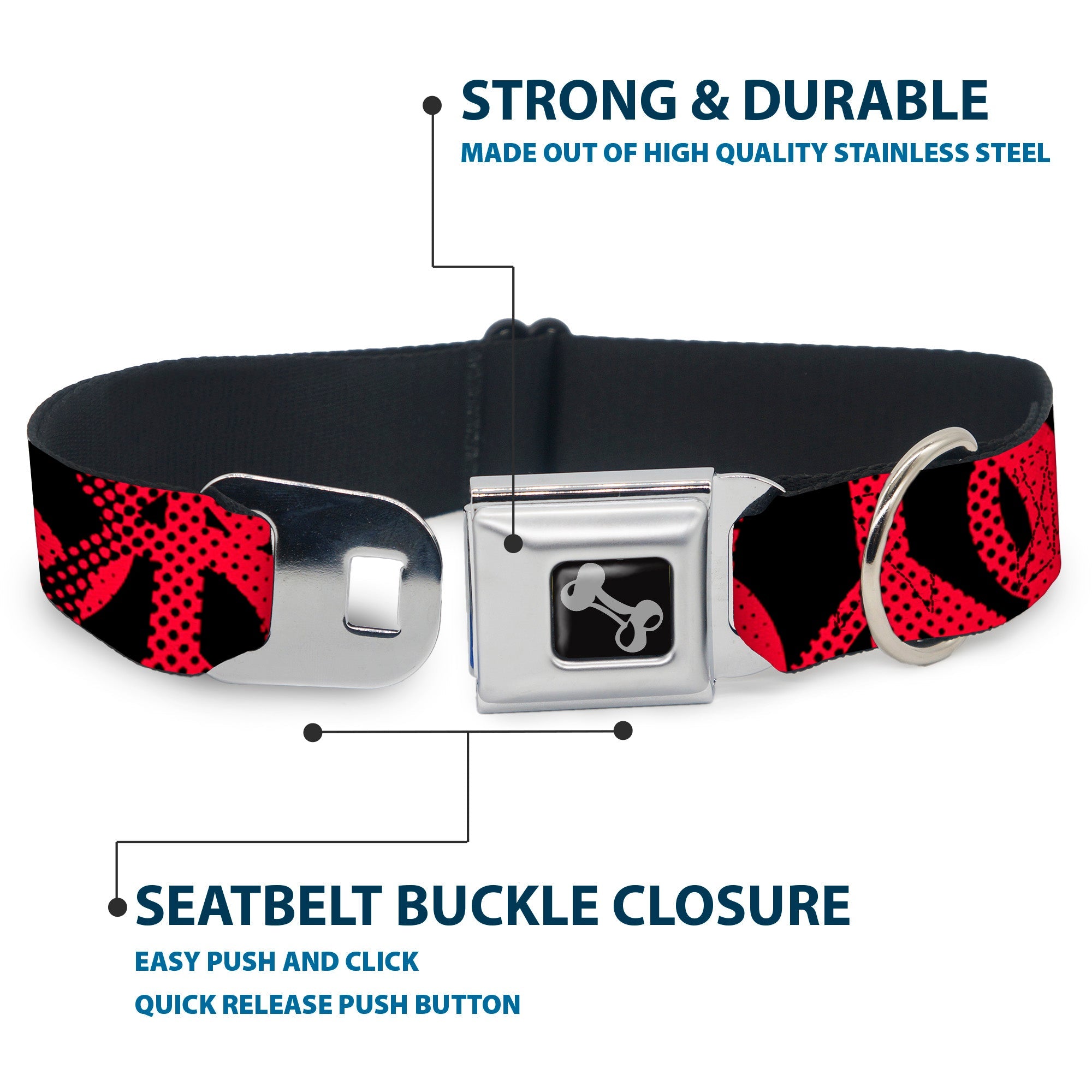 Seatbelt Dog Collar – Peace Dots Black and Fuchsia