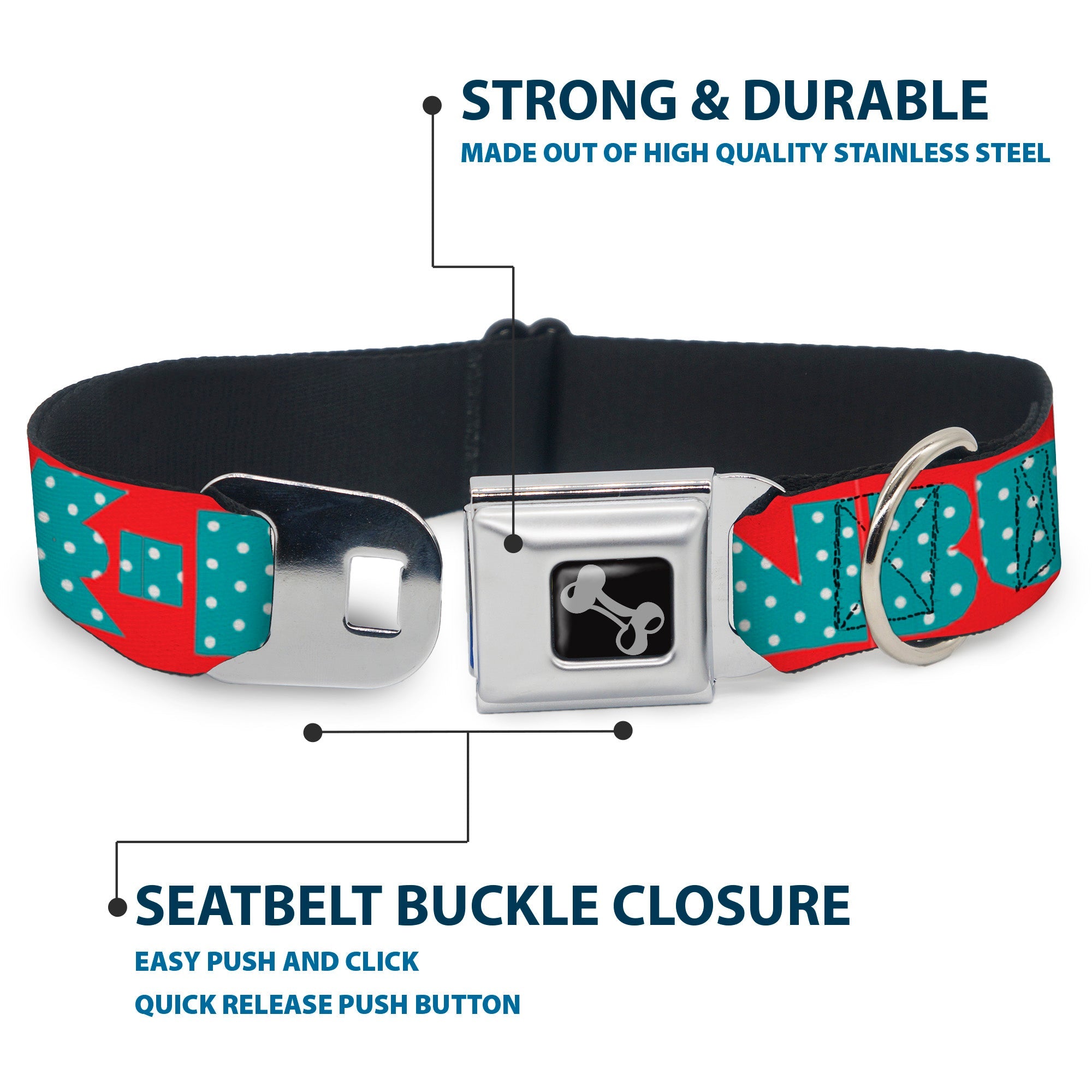 Seatbelt Dog Collar – Shapes Red and Turquoise