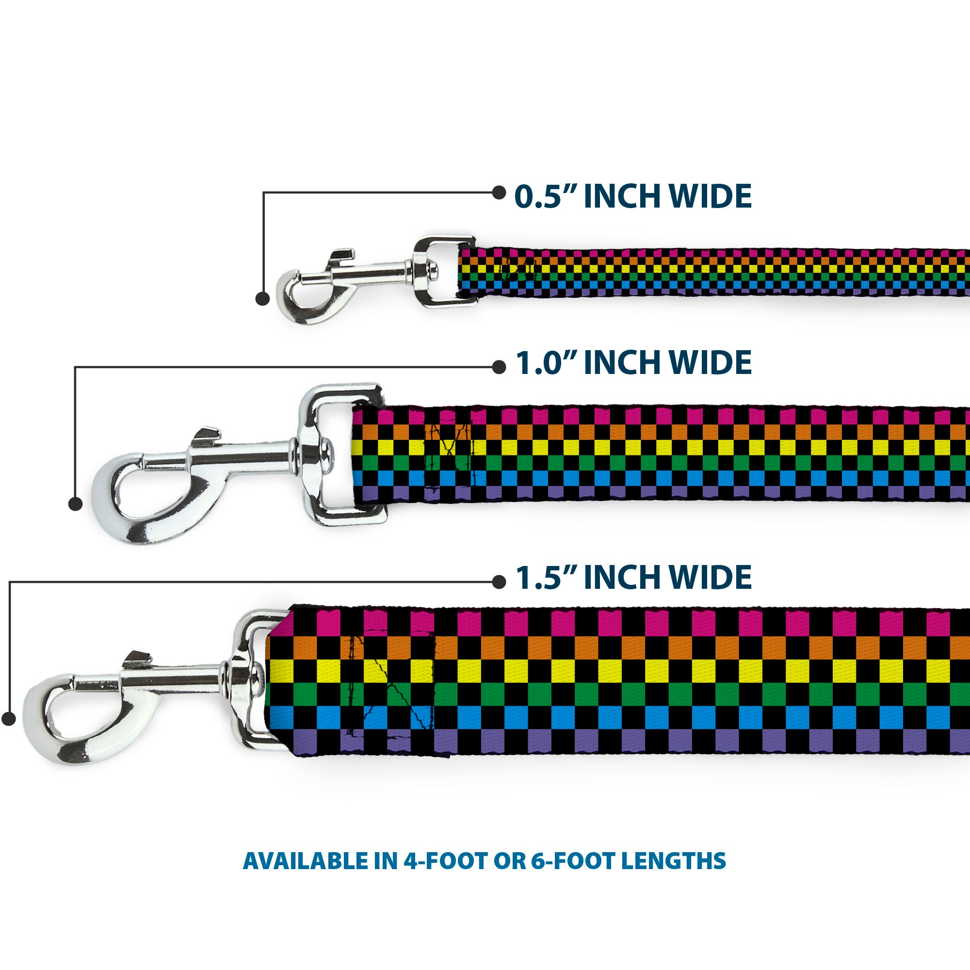 Seatbelt Dog Leash – Checker Black and Neon Rainbow