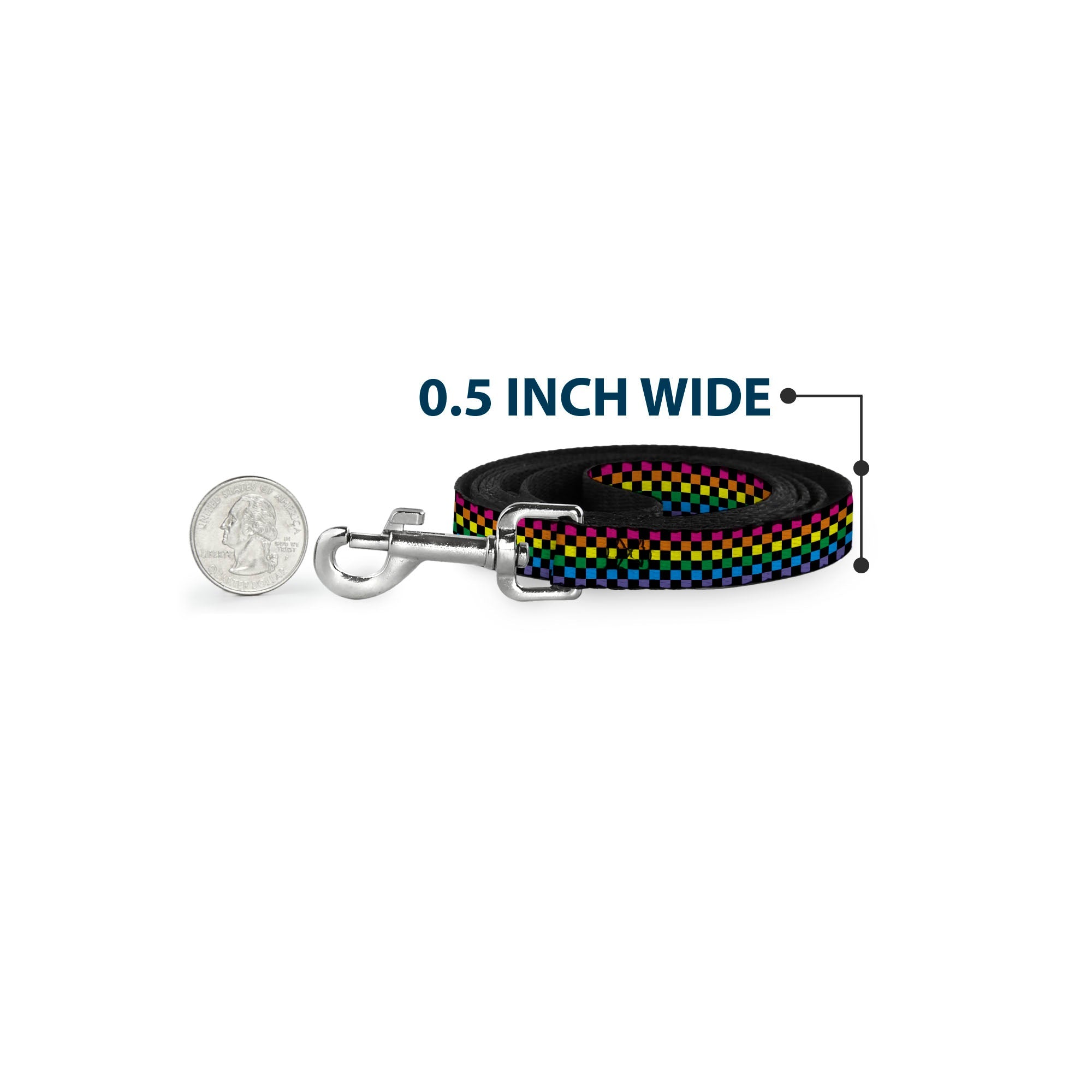 Seatbelt Dog Leash – Checker Black and Neon Rainbow