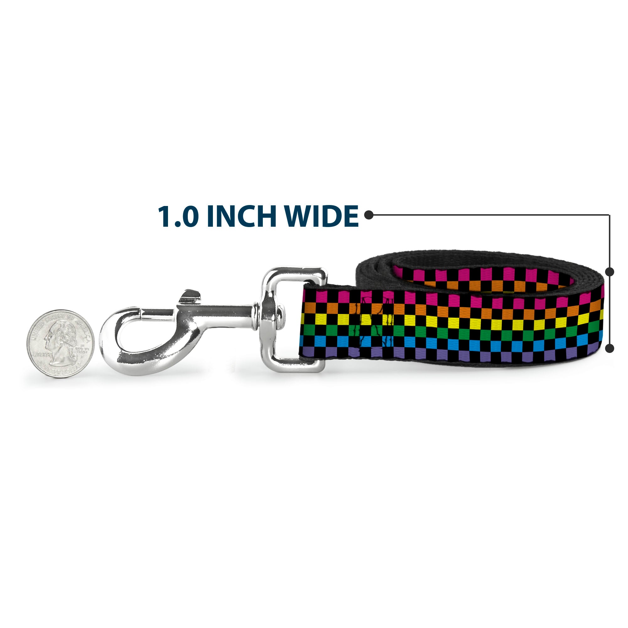 Seatbelt Dog Leash – Checker Black and Neon Rainbow