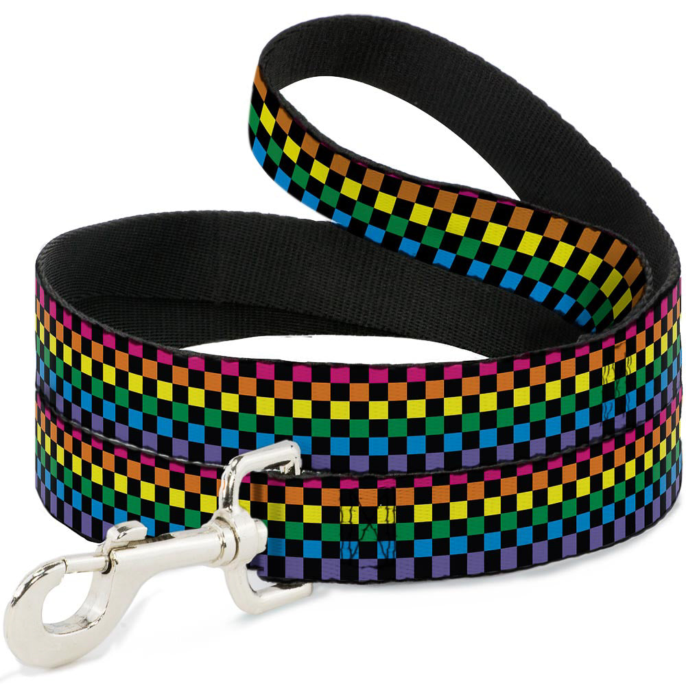 Seatbelt Dog Leash – Checker Black and Neon Rainbow
