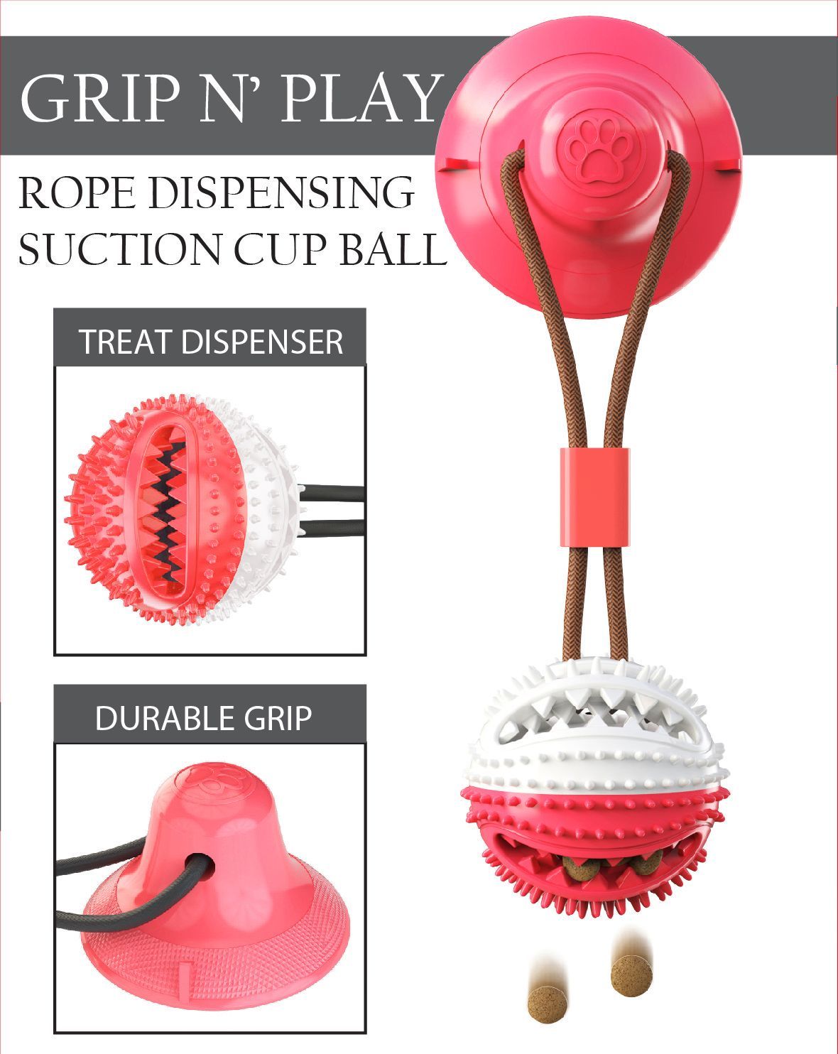 Grip N Play Treat Dispensing Ball Shaped Suction Cup Dog Toy