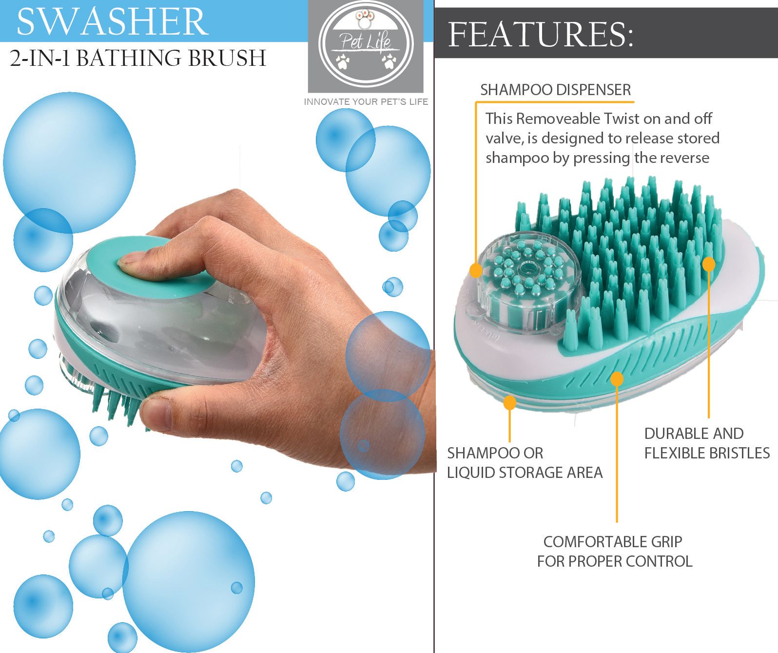 Swasher 2-in-1 Shampoo Dispensing Dog and Cat Bathing Brush – Silicone Grooming Massager